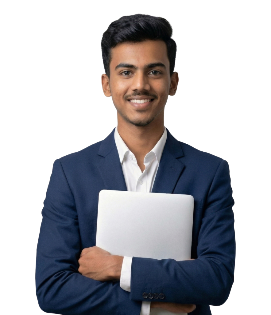 Professional headshot of Purnesh, a Digital Marketer in a navy blue suit, smiling and holding a laptop against a black background.