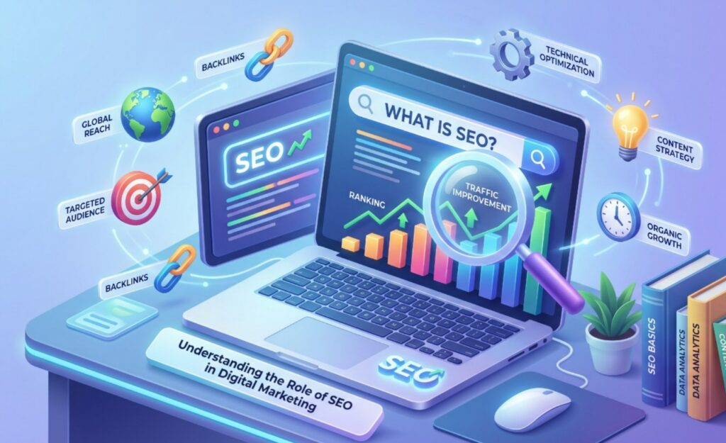 Comprehensive SEO and Digital Marketing infographic illustration showing the key pillars: Technical Optimization, Content Strategy, Backlinks, and Organic Growth.